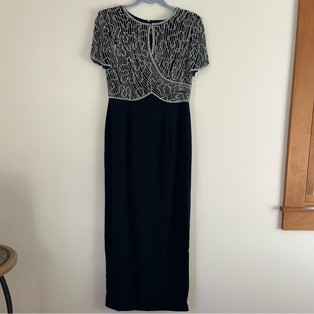 Montage by Mon Cheri Black and Silver Maxi Dress